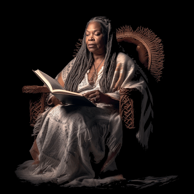 An older black woman reading a book in the quiet of evening