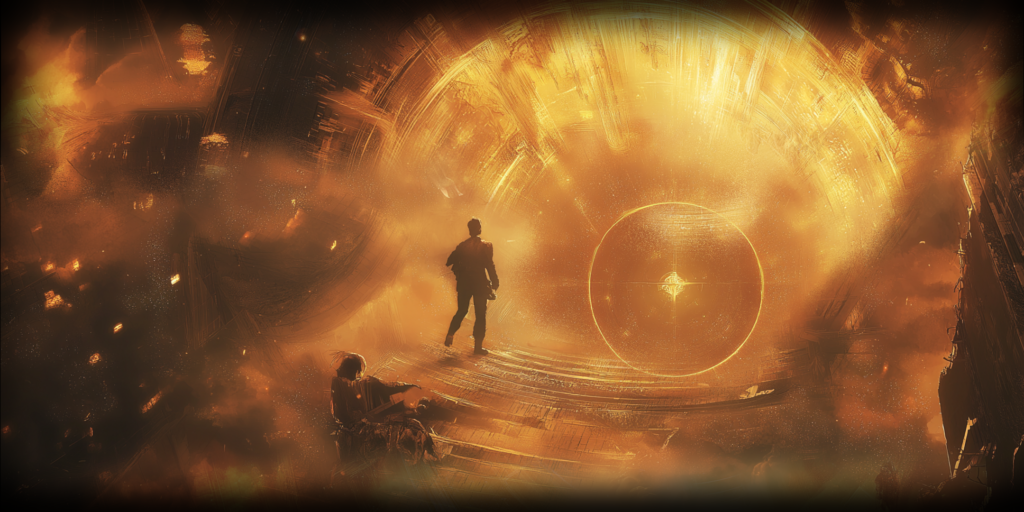 fantasy banner image of a man leaving his old life to step into a new beginning